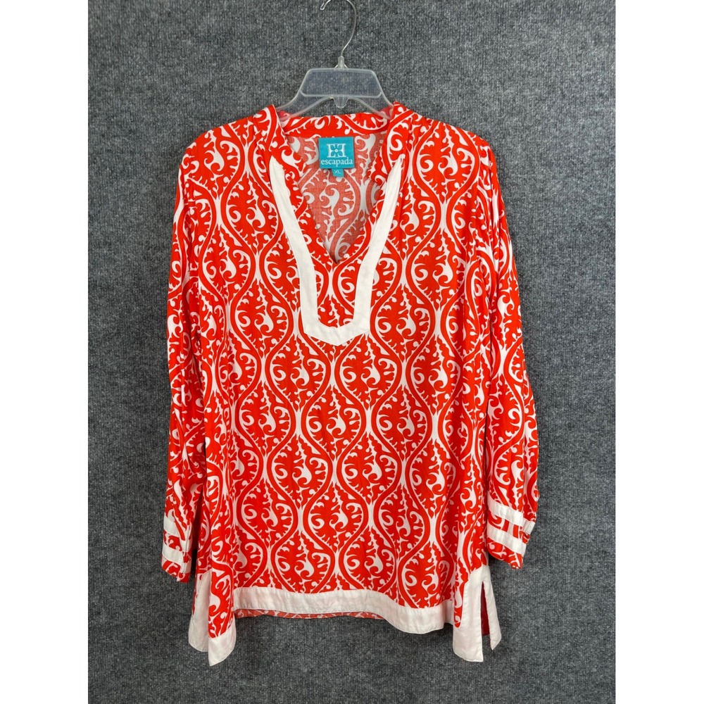 Escapada Tunic Top Women's XL Orange White Damask Rayon Good  Split V-Neck
